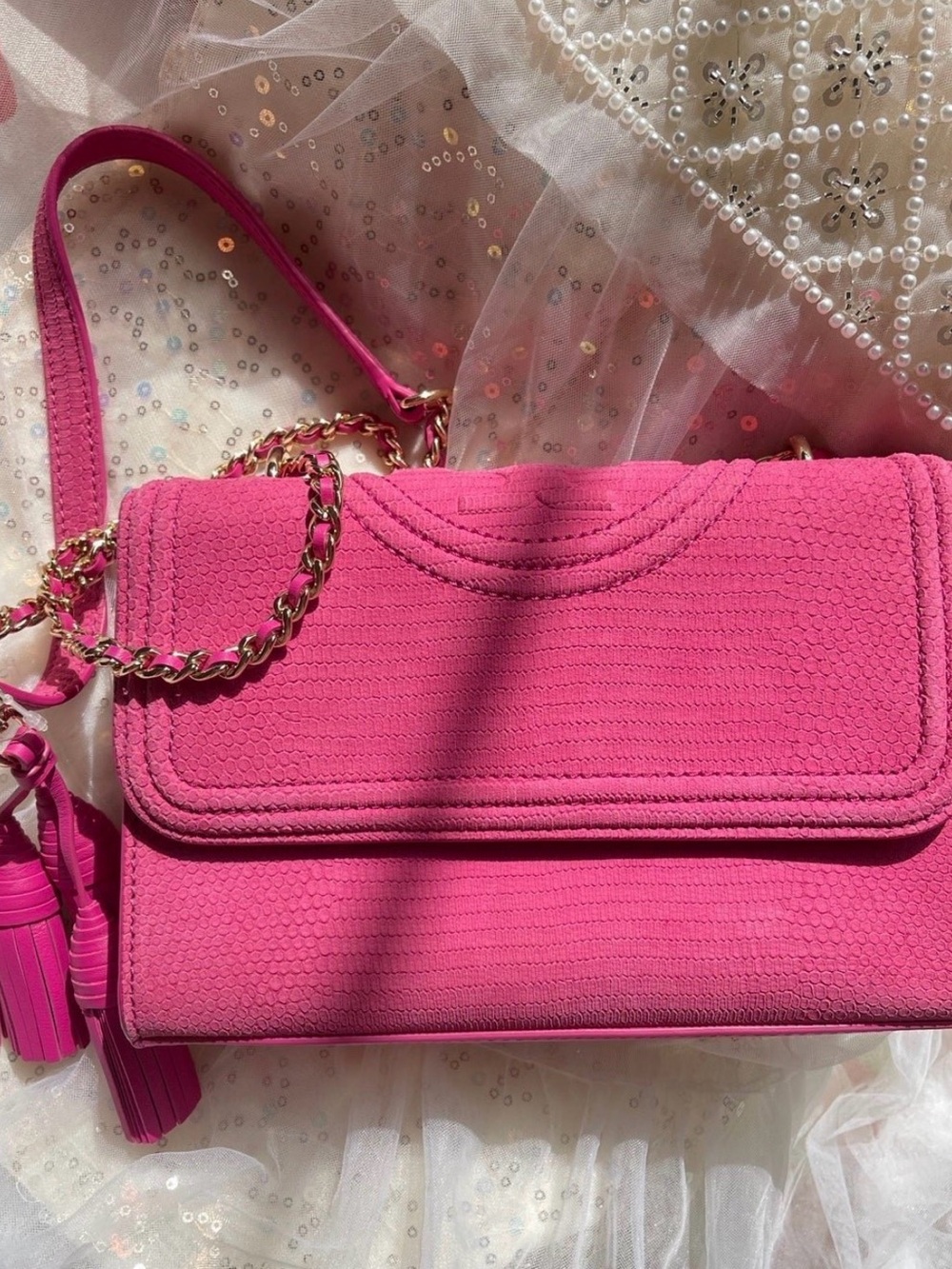 Tory Burch Fleming Embossed Leather shoulder bag crossbody bag Small NWT
